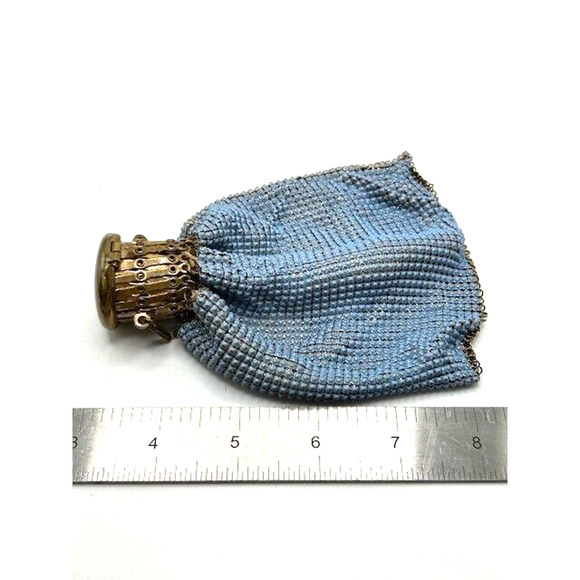 Vtg Antique Evening Purse Expandable Top Gold Mesh Beaded Beggars Bag Blue - Picture 13 of 14